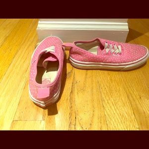 Pink Vans Slip-ons w/ white hearts. Size 1.5